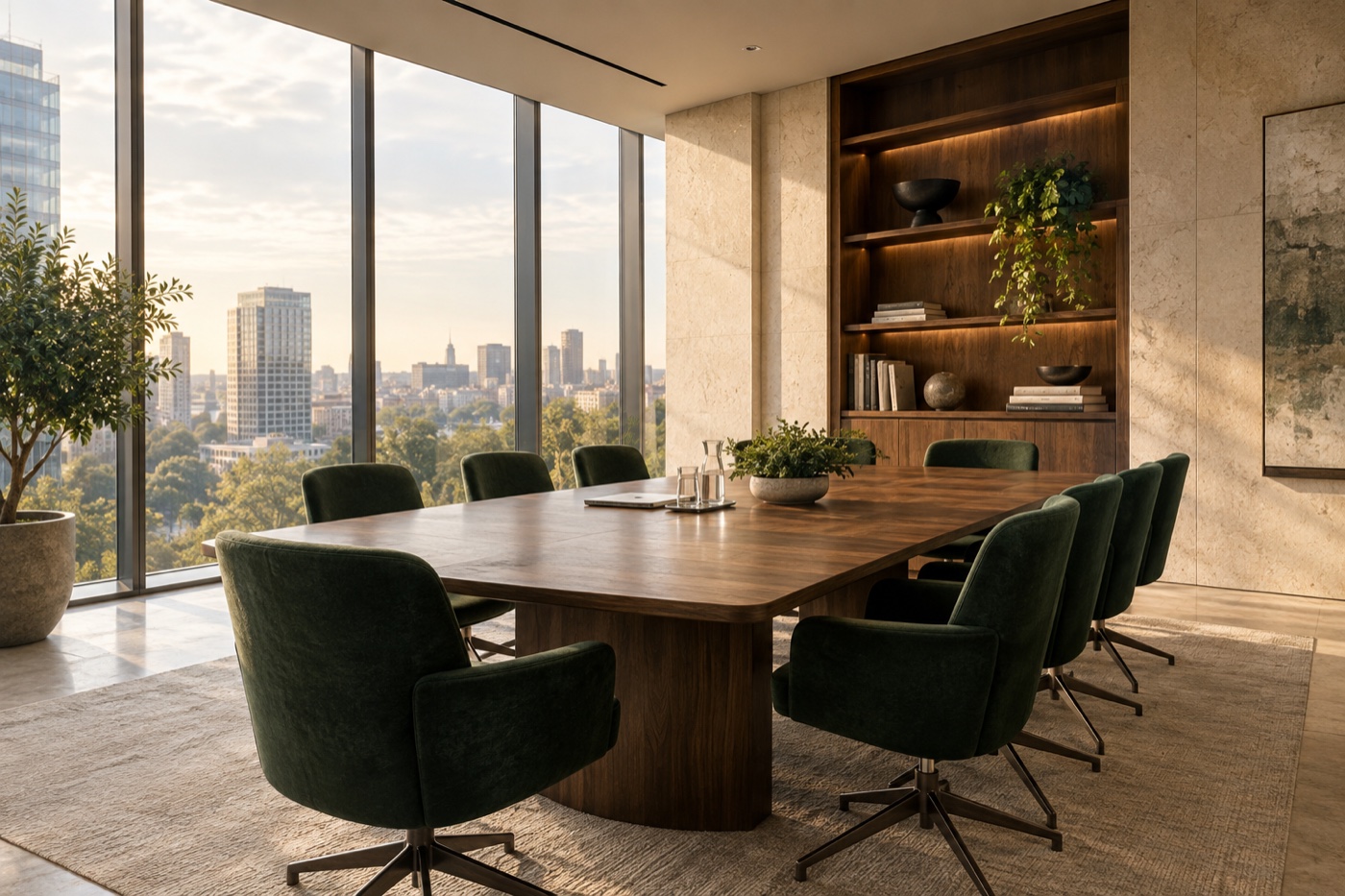 Sunlit meeting room with a walnut table and green chairs